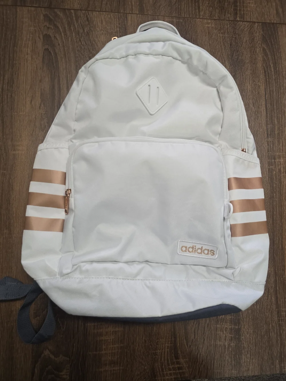 adidas White Backpack with Rose Gold Stripe Accents